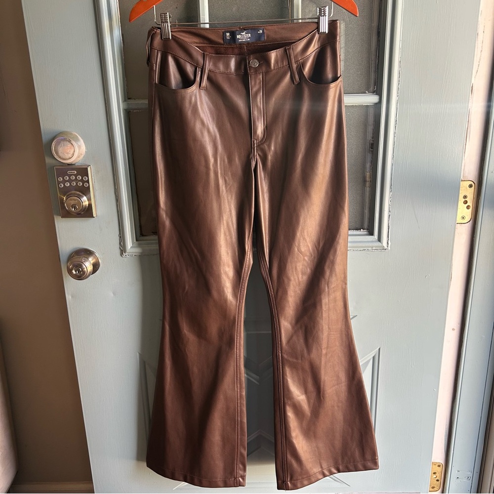 High-Rise Boho 60’s 70’s Flare Leg Vegan Leather Pants Chocolate Brown Hollister